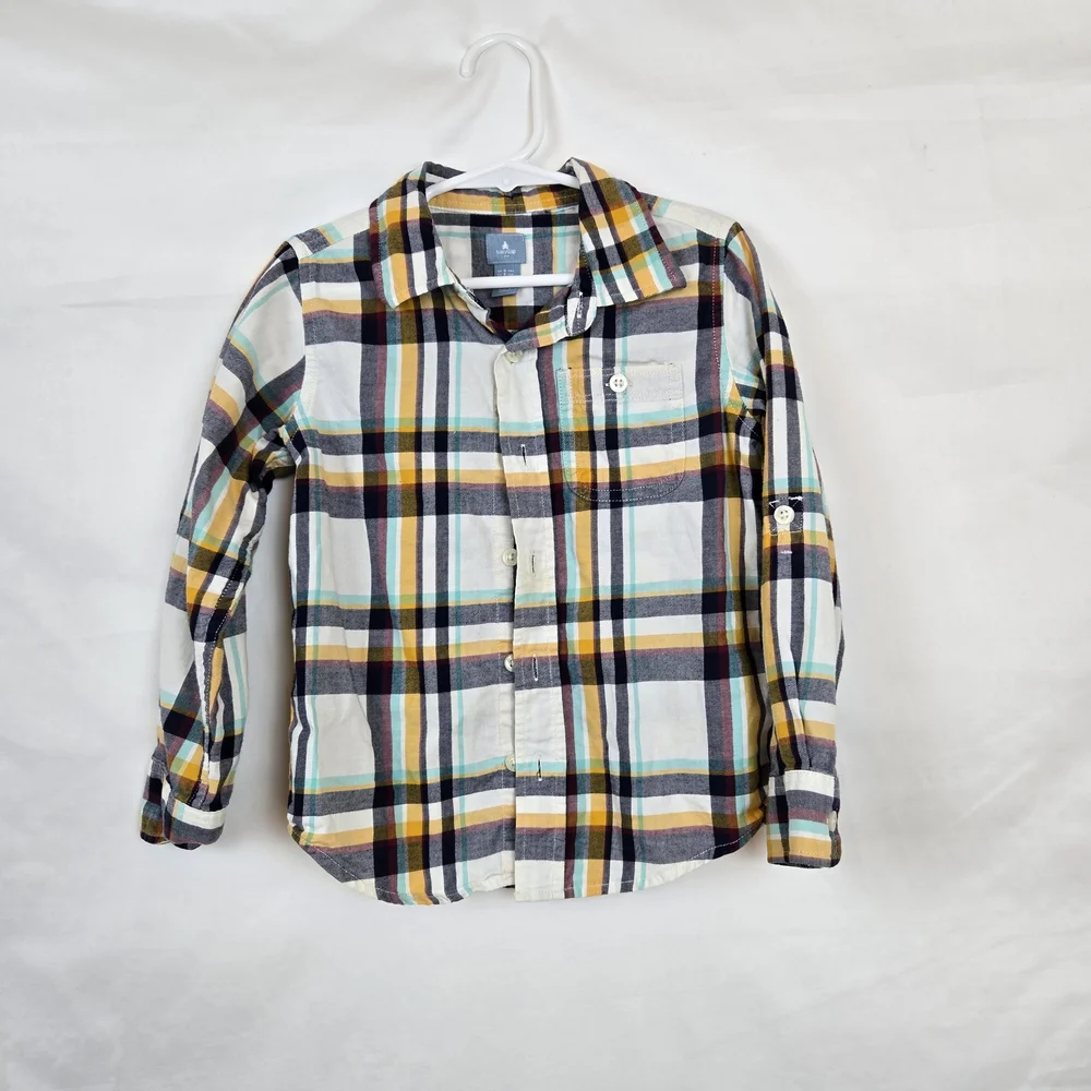 Baby Gap Boys White Gray Yellow Plaid Long Roll Tab Sleeve Preppy Button Shirt 5
